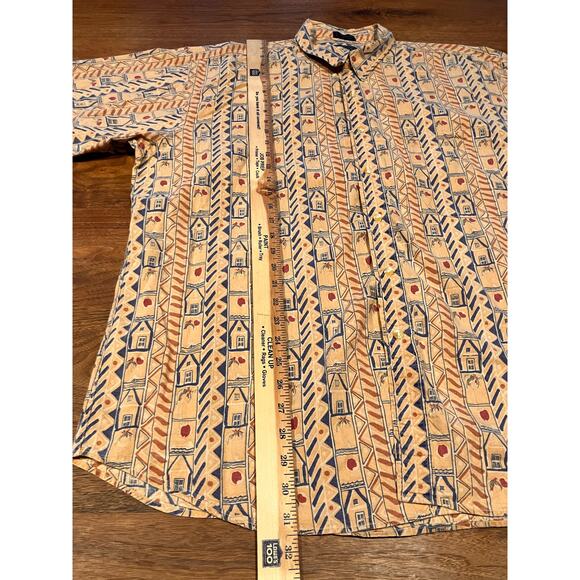 CHAPS Ralph Lauren XL Beige Blue Tribal Pattern Short Sleeve Button Up Collar - Picture 5 of 7